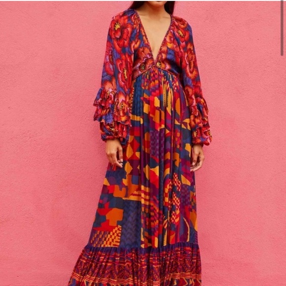 NWT Farm Rio Blue Abstract Patches Maxi Dress - Picture 3 of 5